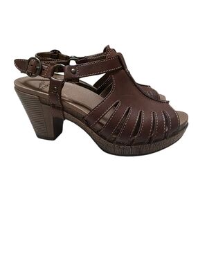 Dansko Randa Brown Cognac Wedge Stacked Heel Slingback Open Toe Leather Sandals